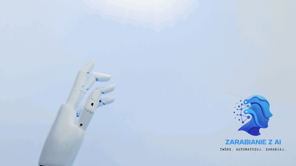 Ręka robota wyciągnięta ku górze na niebieskim tle z logo bloga — ilustracja do tematu czy AI może zastąpić freelancera w pracy zdalnej.