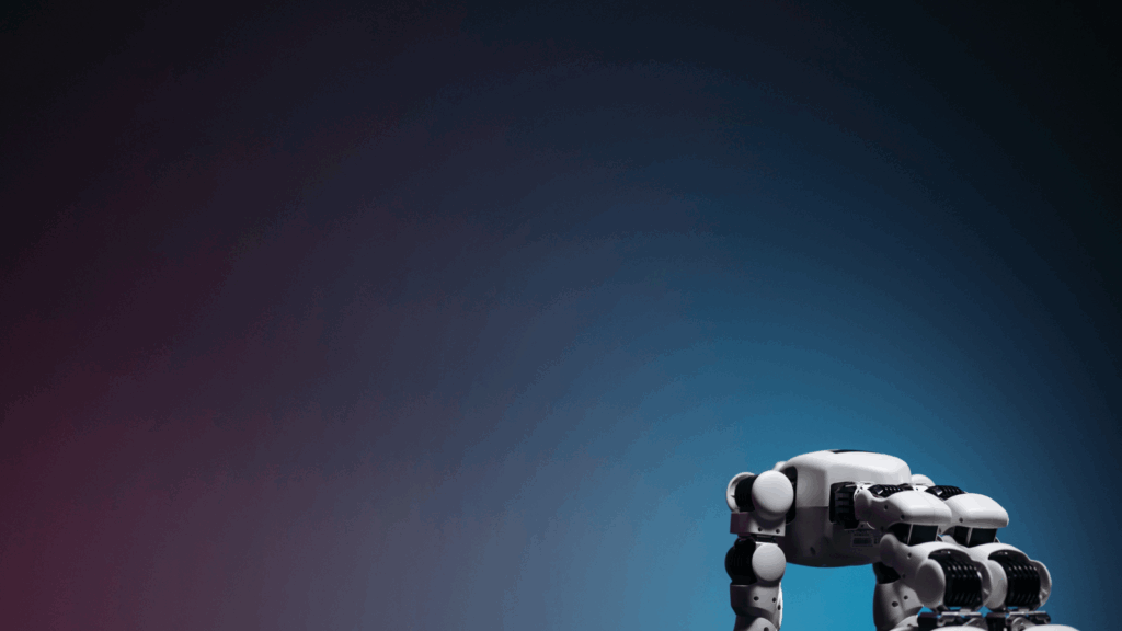 Niebieski obraz z robotem leżącym na dole ekranu symbolizujący współpracę człowieka ze sztuczną inteligencją i tworzenie agenta AI.