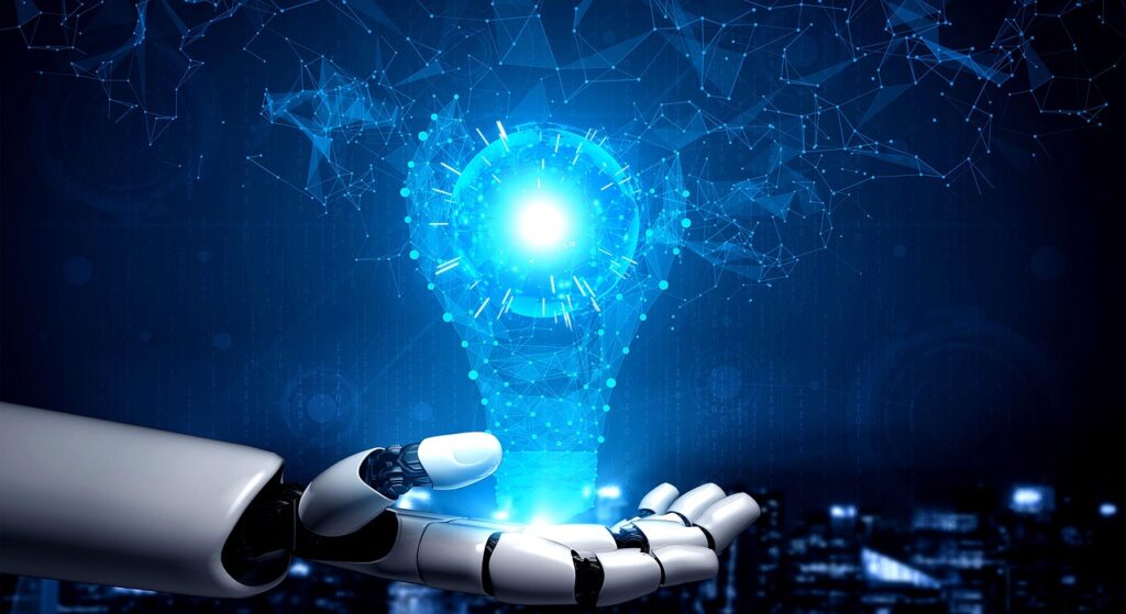 Ręka robota trzymająca hologram żarówki symbolizujący sztuczną inteligencję, innowacyjność i zarabianie z agentami AI.