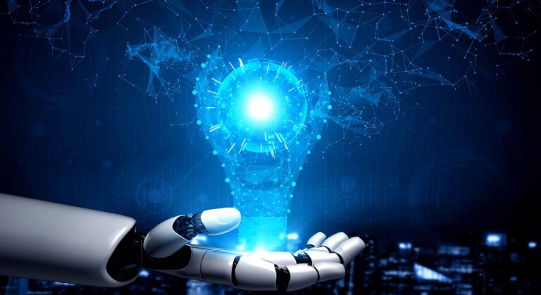Ręka robota trzymająca hologram żarówki symbolizujący sztuczną inteligencję, innowacyjność i zarabianie z agentami AI.