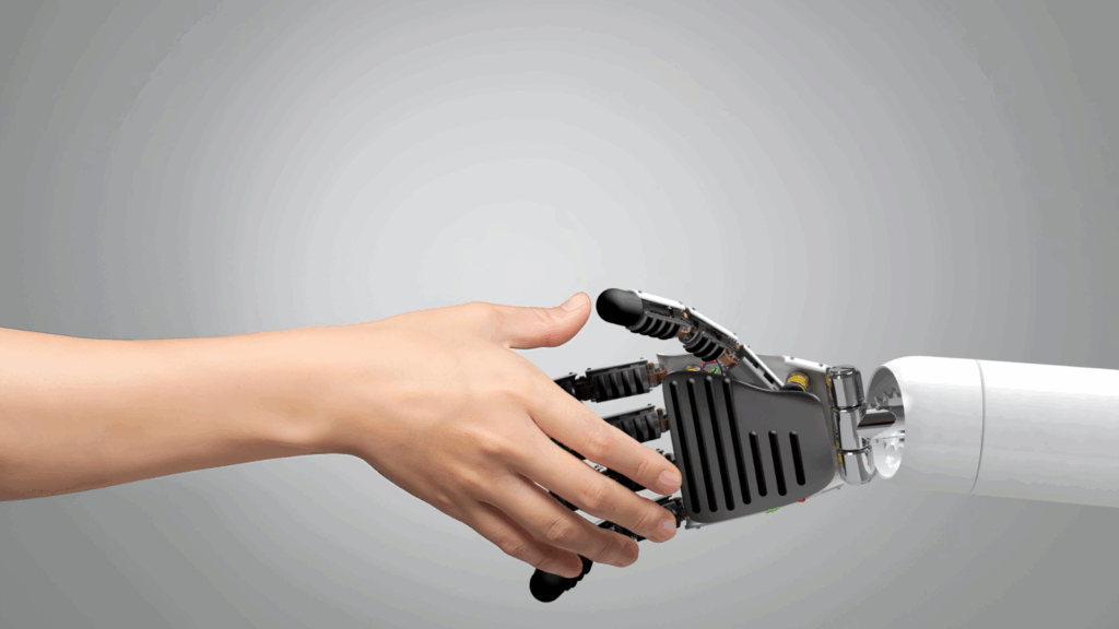 Robot podający rękę człowiekowi symbolizuje AI w e-commerce 2025, automatyzację sprzedaży i nowoczesne rozwiązania w obsłudze klienta.